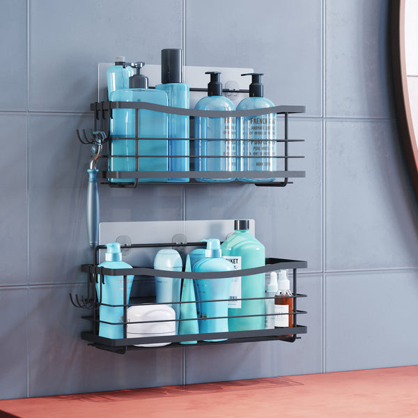 2x Bathroom Corner Shelves with Hooks, Wall Mounted Shower Caddy Organizer  Black